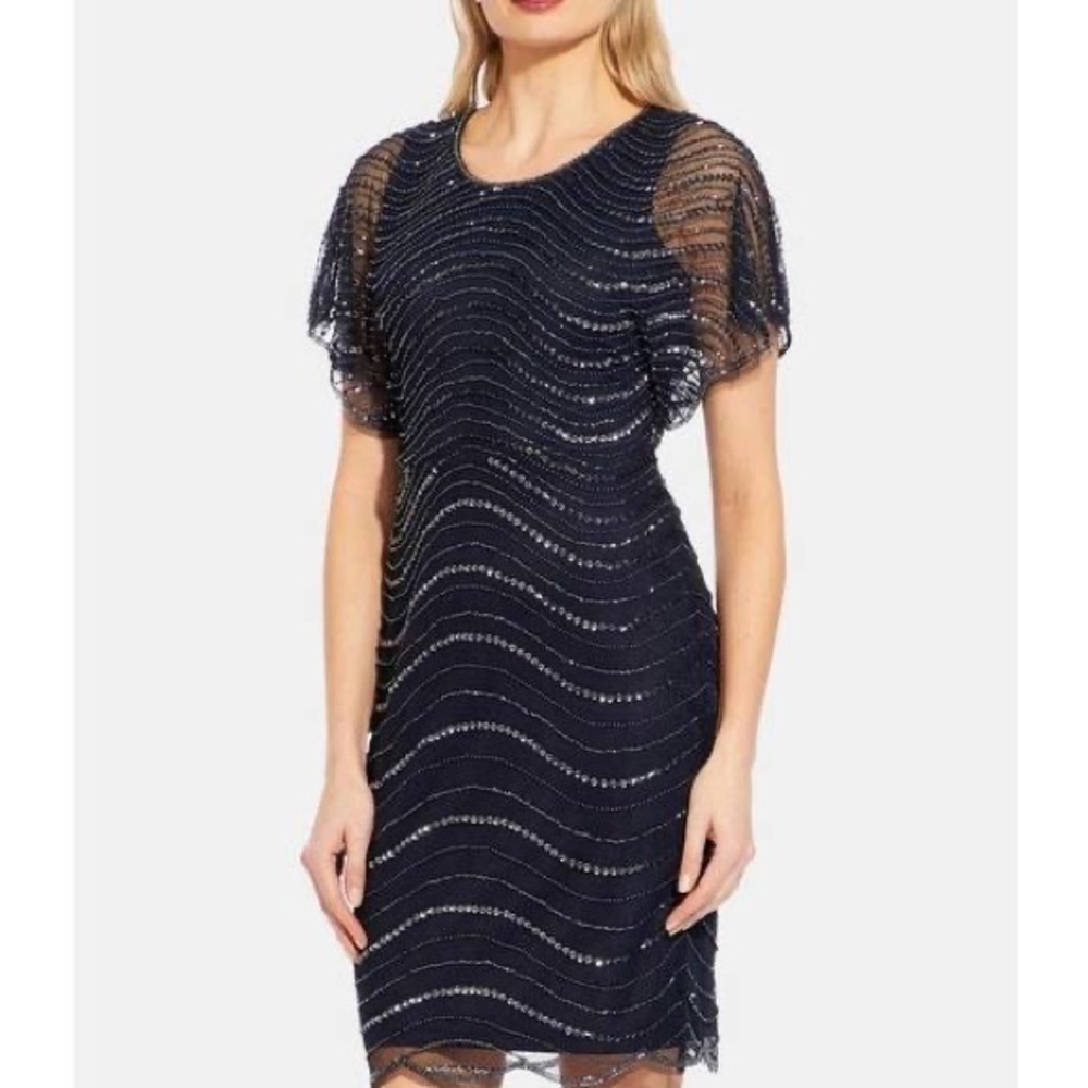 New Adrianna Papell navy blue short sleeve mini sheath beaded 6P